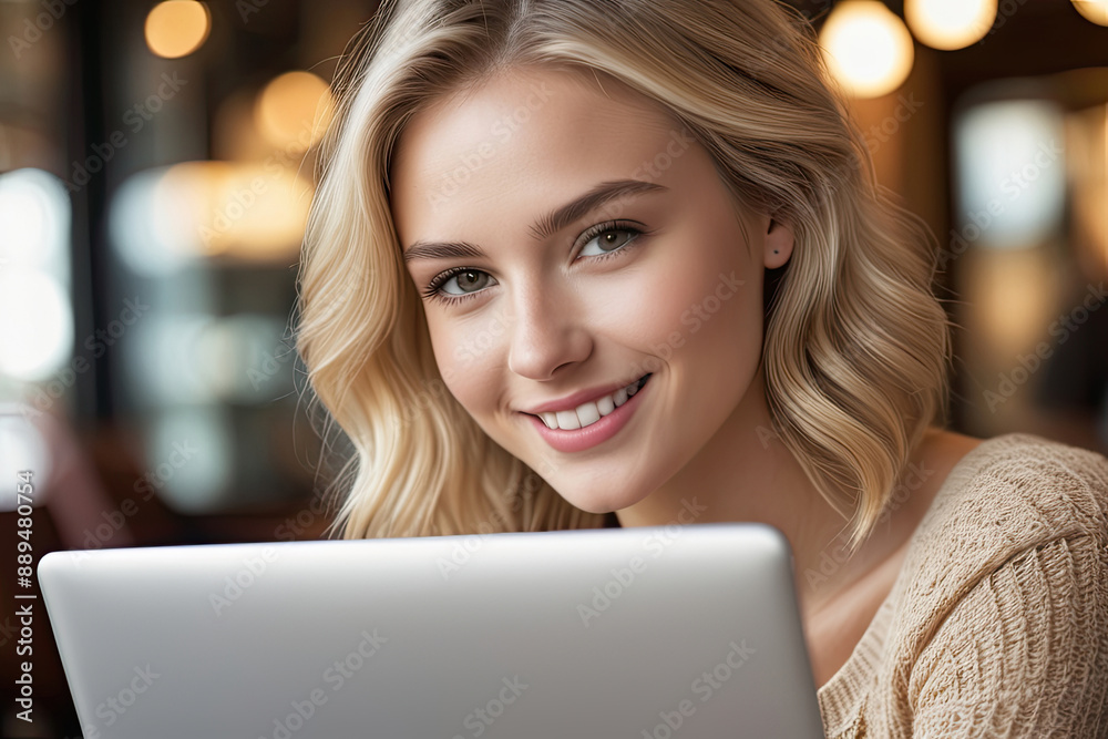 Portrait of beautiful smiling woman enjoying working on a laptop Portrait of beautiful smiling woman enjoying working on a laptop