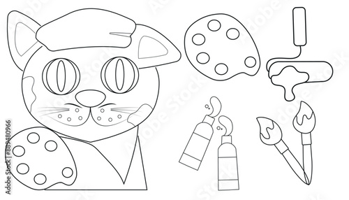 set with a white cat in the image of an artist with a palette, a beret and paints on the face drawn with a contour, in the style of line art