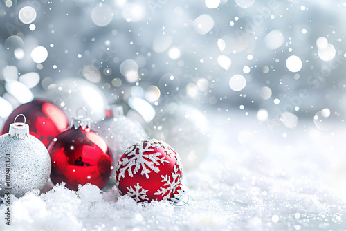 Sparkling Red and Silver Christmas Ornaments on Snowy Background with Falling Snowflakes and Bokeh Lights