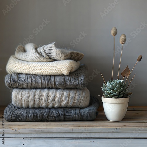 Cozy Knit Sweaters and Succulent Plant on Rustic Wooden Table photo