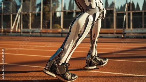 A person with prosthetic legs is running on a track. Concept of determination and perseverance, as the person with the prosthetics is able to run despite their physical limitations