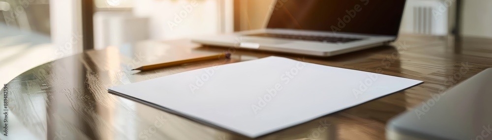 Close-up of a laptop and notepad on a wooden table in a bright office setting, perfect for business and workspace-themed projects. Close-up of a laptop and notepad on a wooden table in a bright office setting, perfect for business and workspace-themed projects.