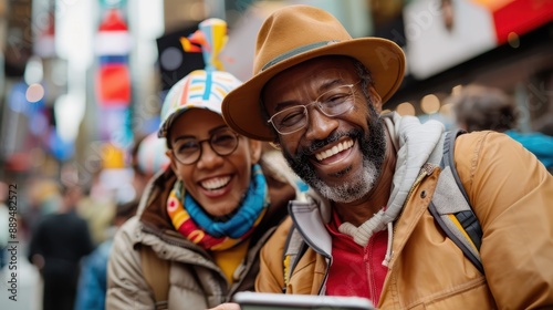 An elderly couple, dressed in vibrant hats and jackets, is captured enjoying a busy outdoor event, embodying joy, companionship, and the beauty of shared experiences.