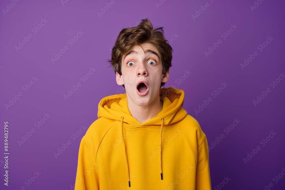 Portrait of a funny surprised teen boy in bright yellow Portrait of a funny surprised teen boy in bright yellow