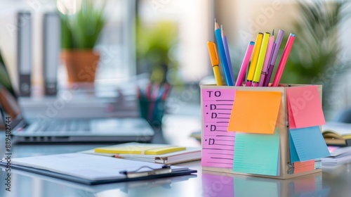 Colorful office supplies on a desk with sticky notes, pencils, and a laptop in a bright and organized workspace.