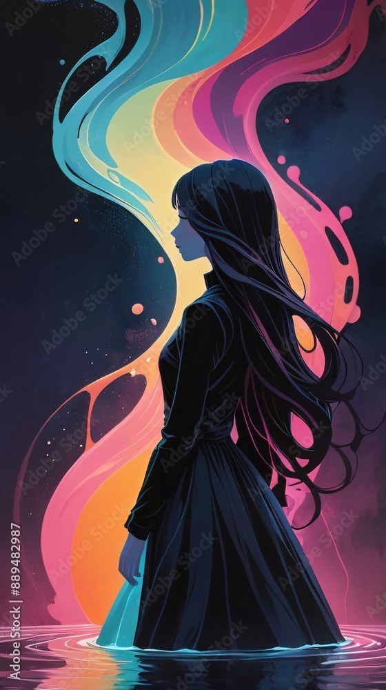 illlustration silhouette of girl soak in water with dark background and colorfull fluid illlustration silhouette of girl soak in water with dark background and colorfull fluid