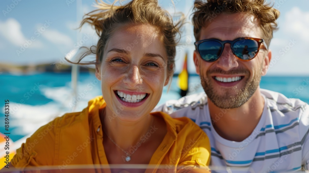 A happy couple, enthusiastically smiling, enjoys a sunny boat ride, with vibrant blue water and clear skies, capturing a joyful moment on their adventure. A happy couple, enthusiastically smiling, enjoys a sunny boat ride, with vibrant blue water and clear skies, capturing a joyful moment on their adventure.