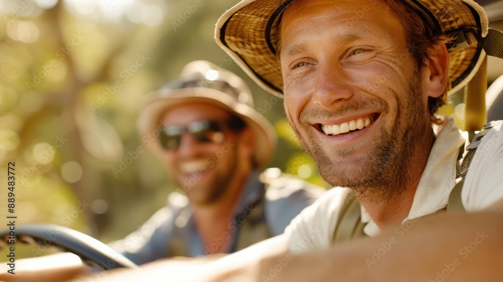 Two friends wear hats and sunglasses, sharing a hearty laugh as they drive through the lush jungle, indicating a carefree and adventurous spirit in a remote setting. Two friends wear hats and sunglasses, sharing a hearty laugh as they drive through the lush jungle, indicating a carefree and adventurous spirit in a remote setting.