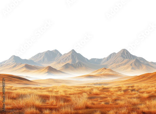 Golden desert plains with distant mountain range and soft mist, transparent background