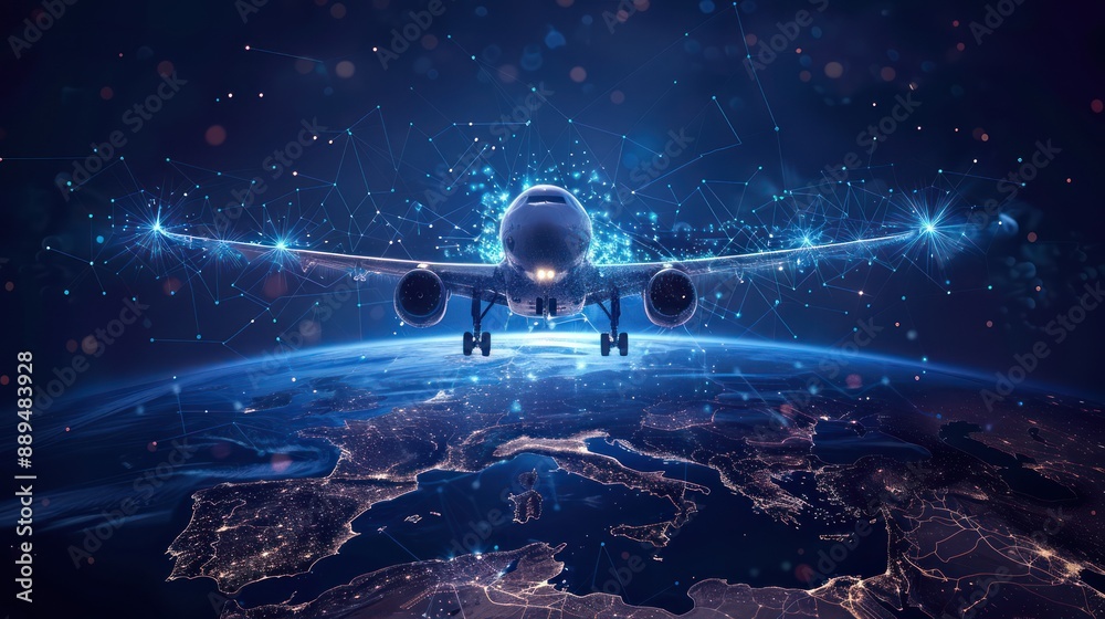 Technology plane flying on world map, global network and connectivity Technology plane flying on world map, global network and connectivity