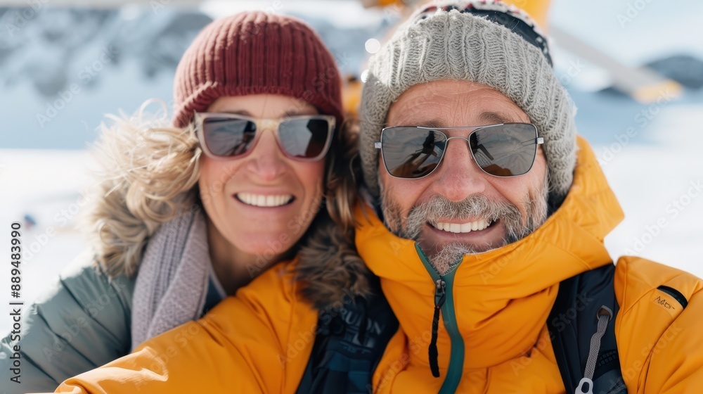 A man and a woman, both bundled up in warm clothing, are seen enjoying a snowy mountain setting, reflecting a sense of adventure and the thrill of winter exploration. A man and a woman, both bundled up in warm clothing, are seen enjoying a snowy mountain setting, reflecting a sense of adventure and the thrill of winter exploration.
