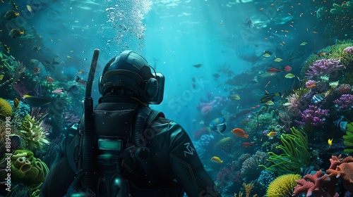 Wallpaper Mural Diver exploring a vibrant coral reef surrounded by colorful marine life and crystal-clear blue water, showcasing underwater beauty and adventure. Torontodigital.ca