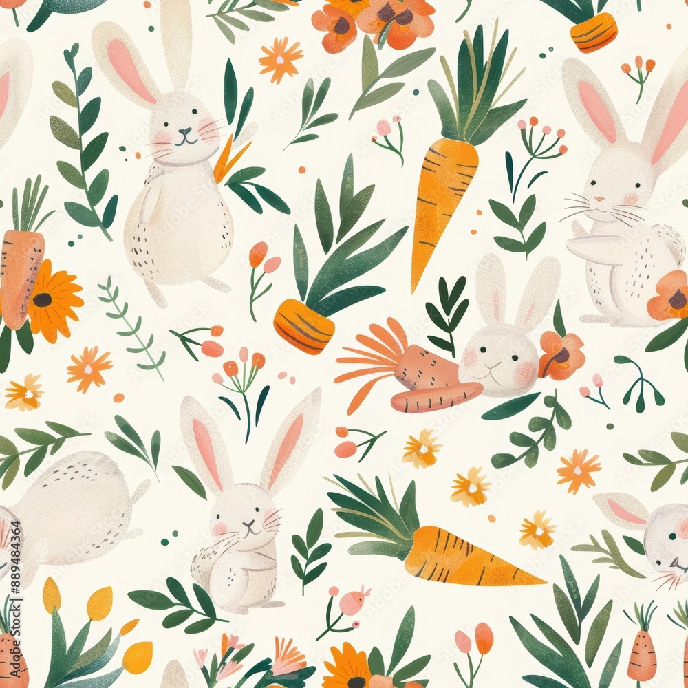 Fototapeta premium Joyful Bunnies Frolicking Among Carrots and Flowers in a Spring Meadow