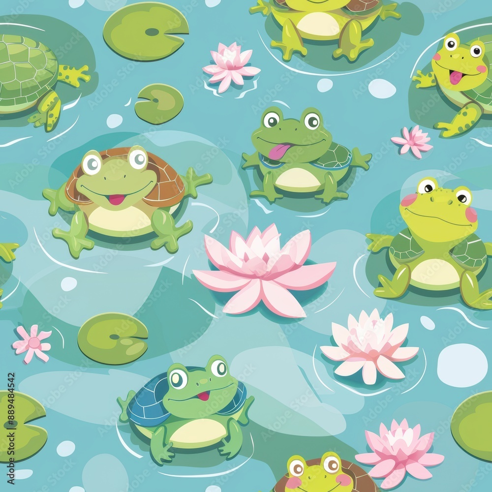Obraz premium Happy Turtles and Frogs Frolicking in a Peaceful Pond - Cute Aquatic Wildlife Scene with Smiling Animals