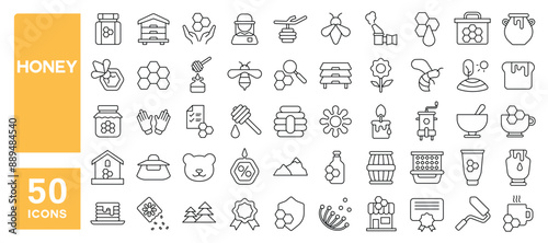Set of 50 line icons related to honey, bee, wooden dipper, beekeeper, honeycomb, glass jar, Editable stroke. Vector illustration