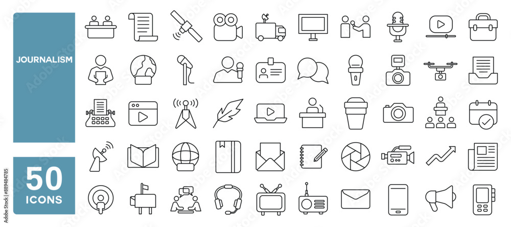 Set of 50 line icons related to journalism, news, press, interview, newspaper, media, microphone, Editable stroke. Vector illustration Set of 50 line icons related to journalism, news, press, interview, newspaper, media, microphone, Editable stroke. Vector illustration