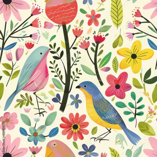 Vibrant Spring Symphony: Cheerful Birds and Blooming Flowers in a Bountiful Garden