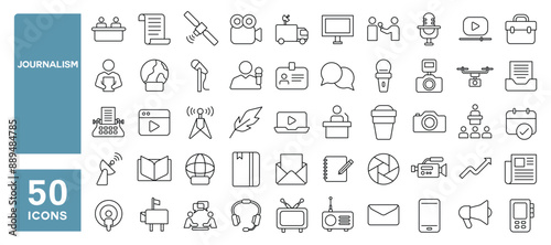 Set of 50 line icons related to journalism, news, press, interview, newspaper, media, microphone, Editable stroke. Vector illustration