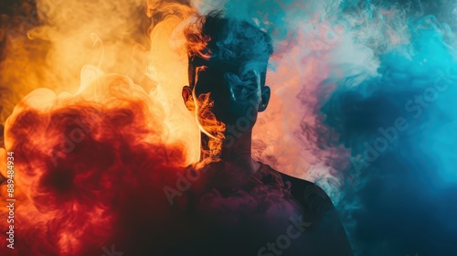 A man is smoking a cigarette and the smoke is creating a colorful and dramatic effect. The smoke is swirling around the man, creating a sense of movement and energy. The colors of the smoke are red © Media Srock