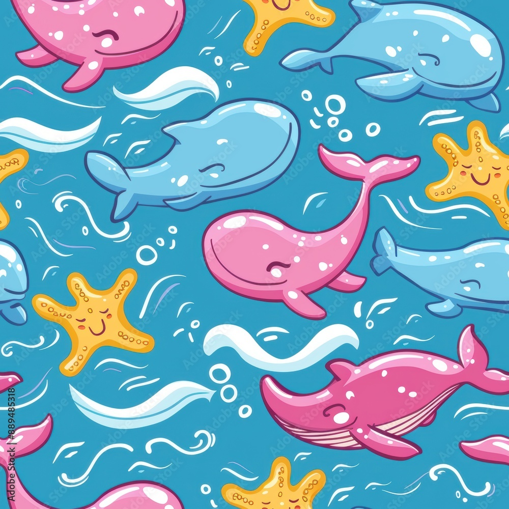 Playful Cartoon Whales and Starfish Enjoying the Ocean Depths Playful Cartoon Whales and Starfish Enjoying the Ocean Depths