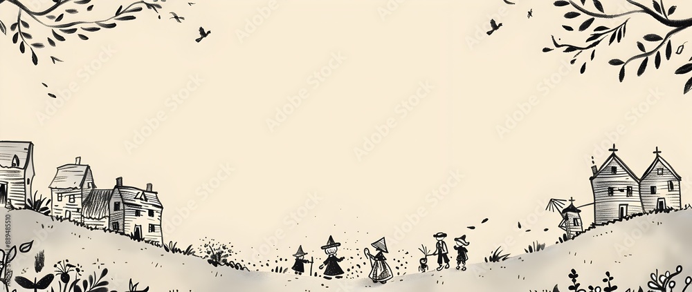 Fototapeta premium th Century Pilgrim Village Doodle Page Print Border Design for Mock Up Message Background