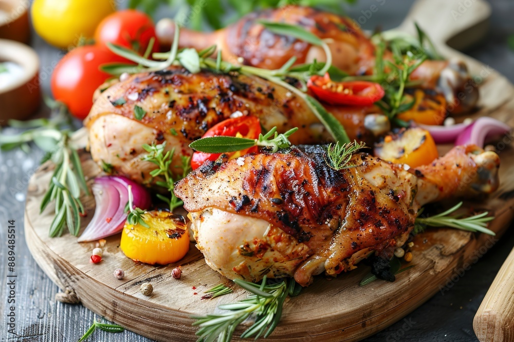 A Rustic grilled chicken leg with fresh vegetables A Rustic grilled chicken leg with fresh vegetables