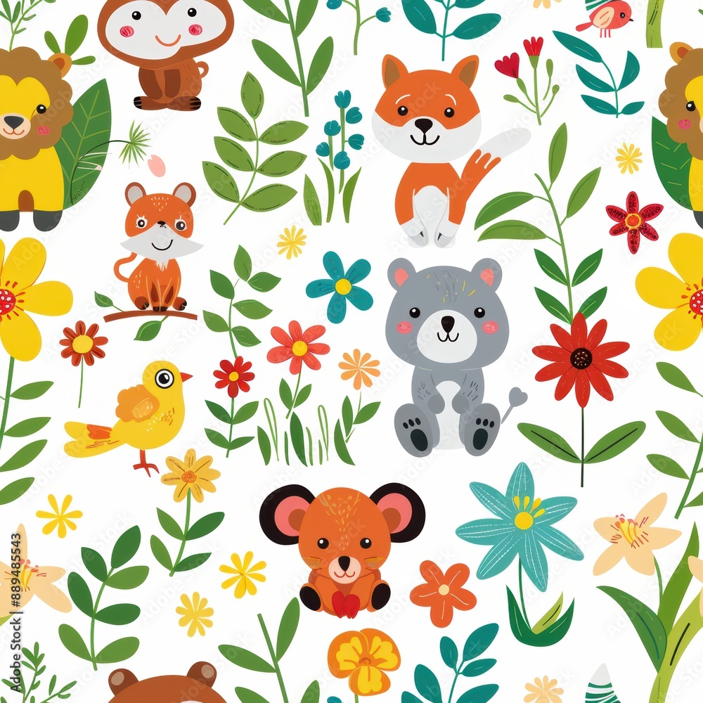 Naklejka premium Cute Baby Animals Enjoying Spring Blossoms in a Meadow