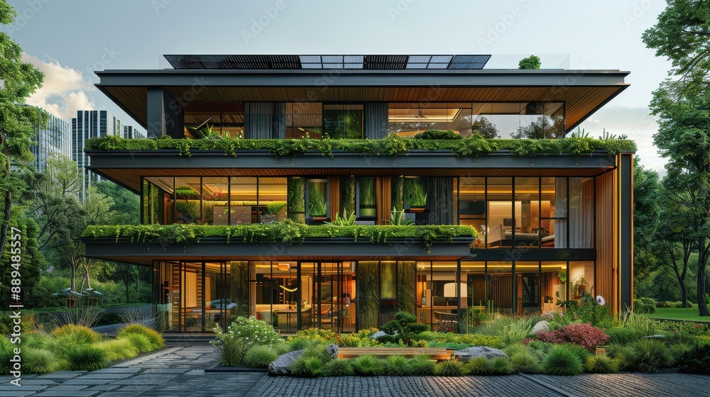 Sustainable Office Building with Solar Panels and Green Landscaping under Clear Sky for Text Space Sustainable Office Building with Solar Panels and Green Landscaping under Clear Sky for Text Space
