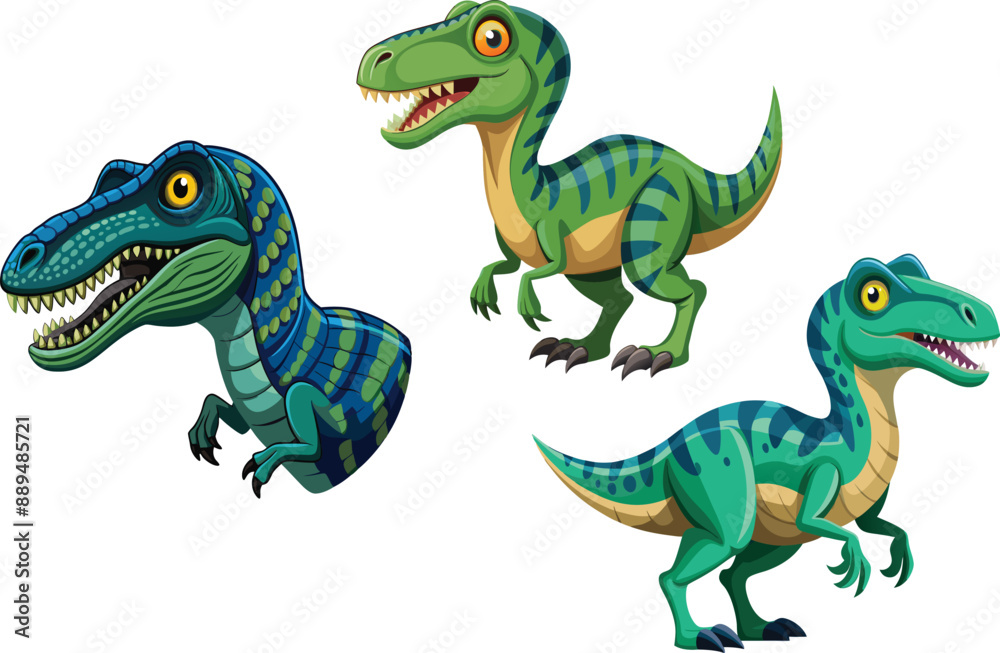 Fototapeta premium Two blue velociraptors baring teeth and showing claws