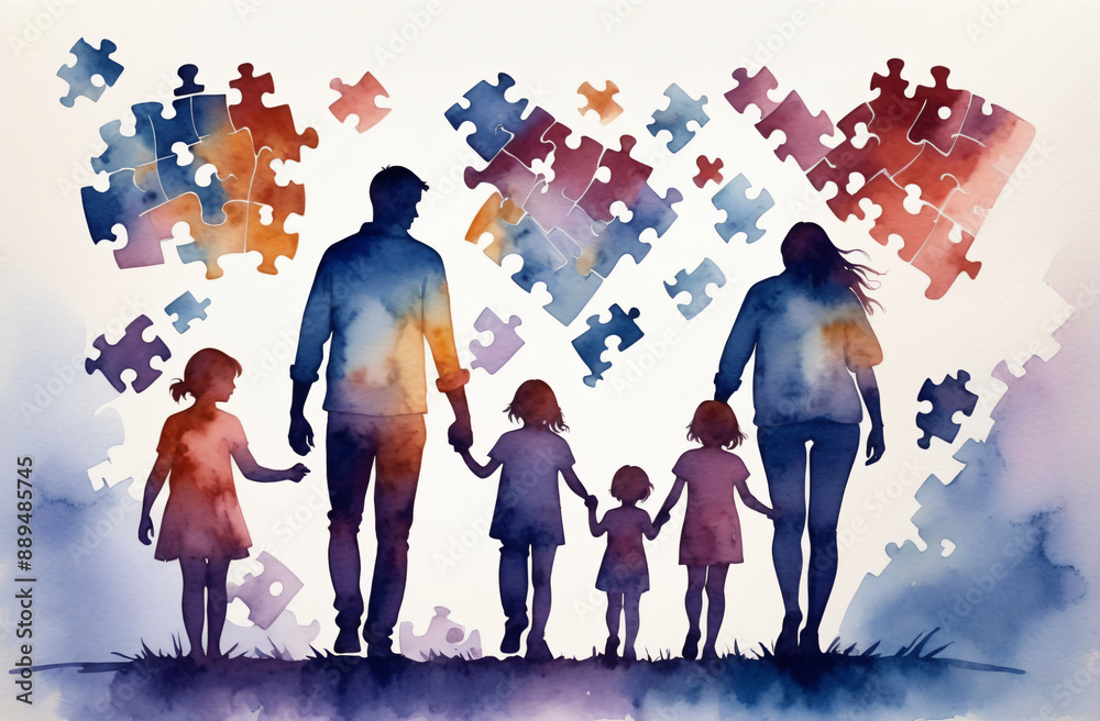 Naklejka premium watercolor drawing of a family holding hands and walking together through a difficult path in life with challenging puzzles