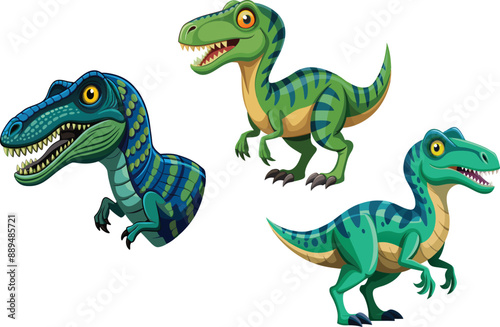 Two blue velociraptors baring teeth and showing claws