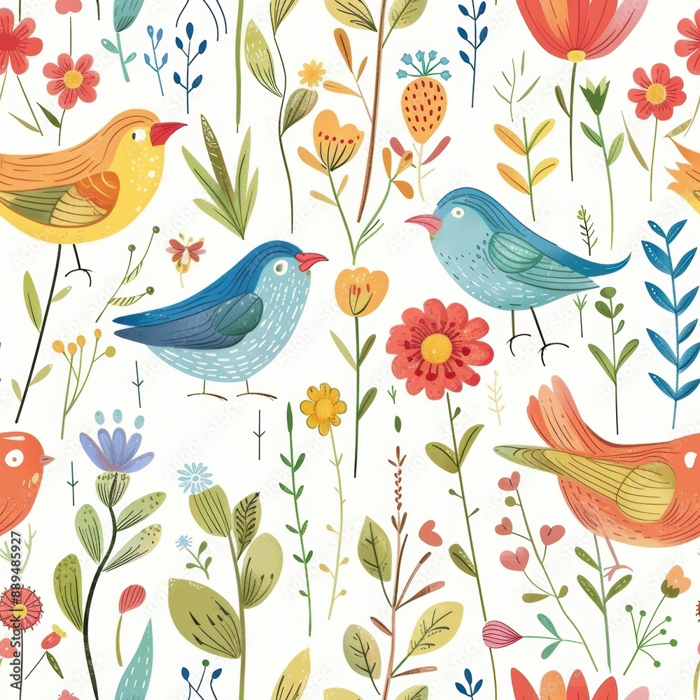 Joyful Avian Delights: Playful Birds and Blooms Amidst a Spring Meadow