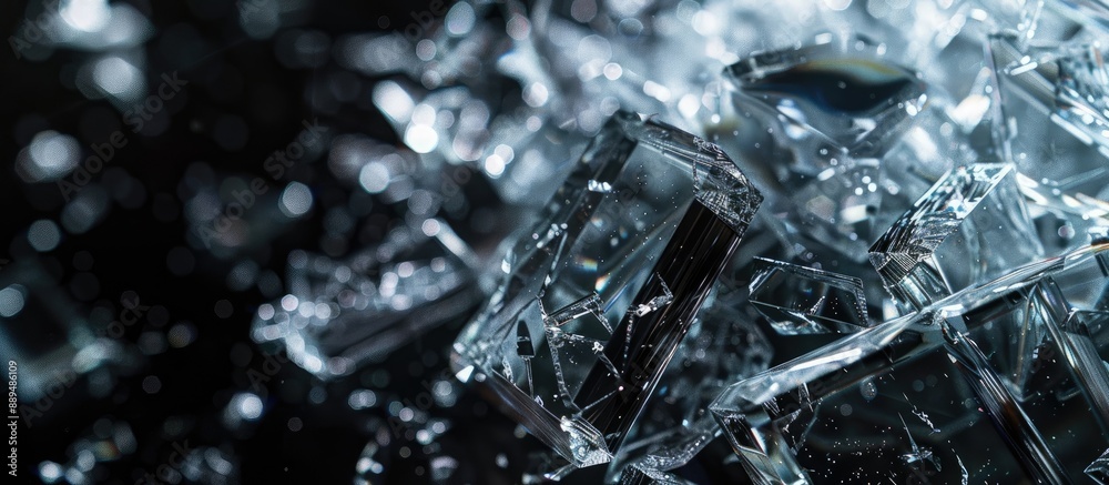 Glass shards with sharp edges, transparent, displayed on a black background with copy space image.