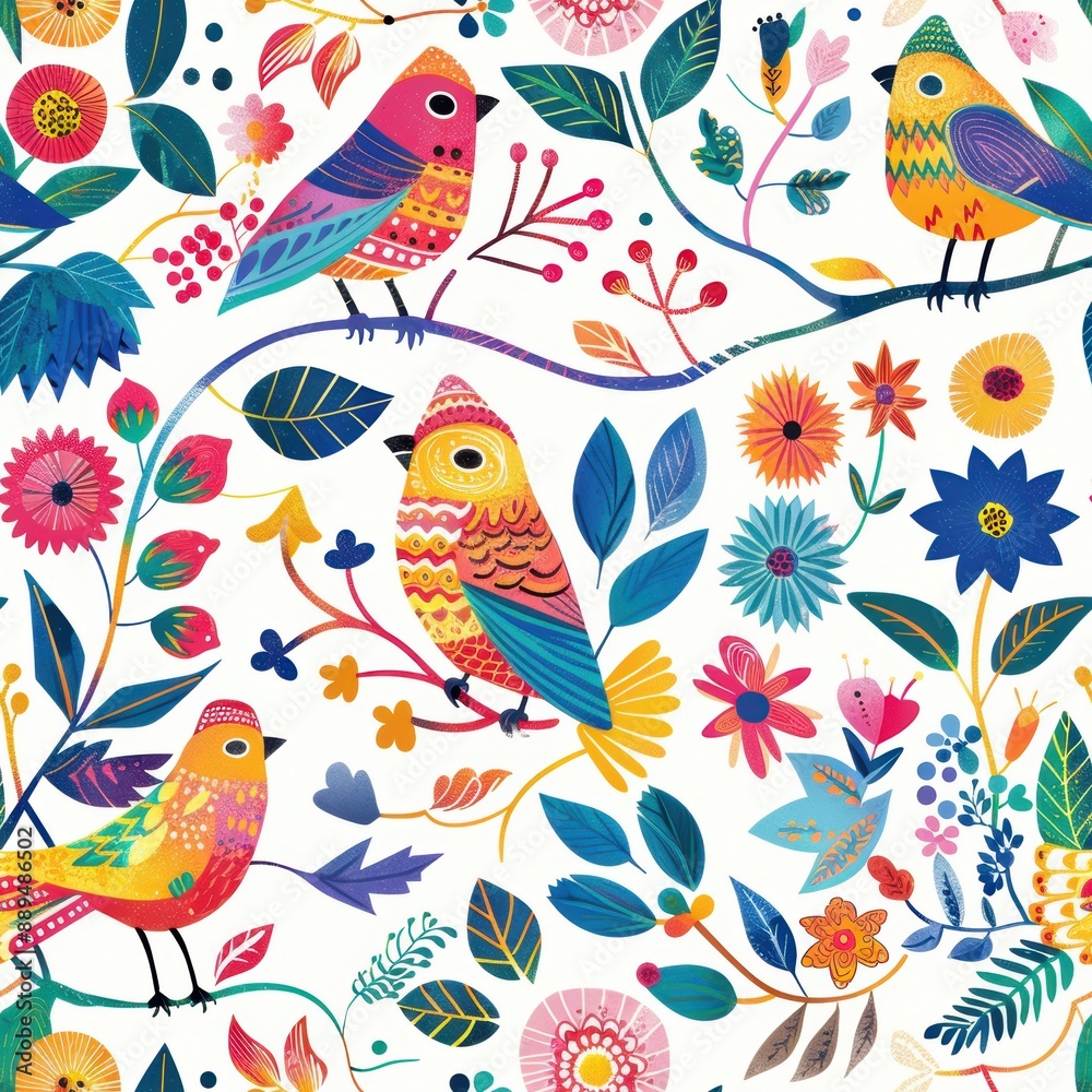 Vibrant Avian Paradise: Joyful Birds and Blooms in a Colorful Garden Vibrant Avian Paradise: Joyful Birds and Blooms in a Colorful Garden