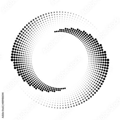 Abstract halftone background dots spiral, swirl and twirl elements form a circular and radial line volute and helix. A segmented circle with rotation radiates.  Vector illustration 