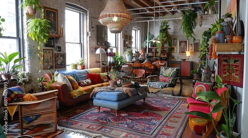 Stylish living room interior with vibrant colors eclectic furniture and lush plants
