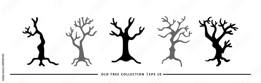 Collection of five vector illustrations of old, bare trees in different shades of gray, suitable for decorating websites and printed materials. Collection of five vector illustrations of old, bare trees in different shades of gray, suitable for decorating websites and printed materials.