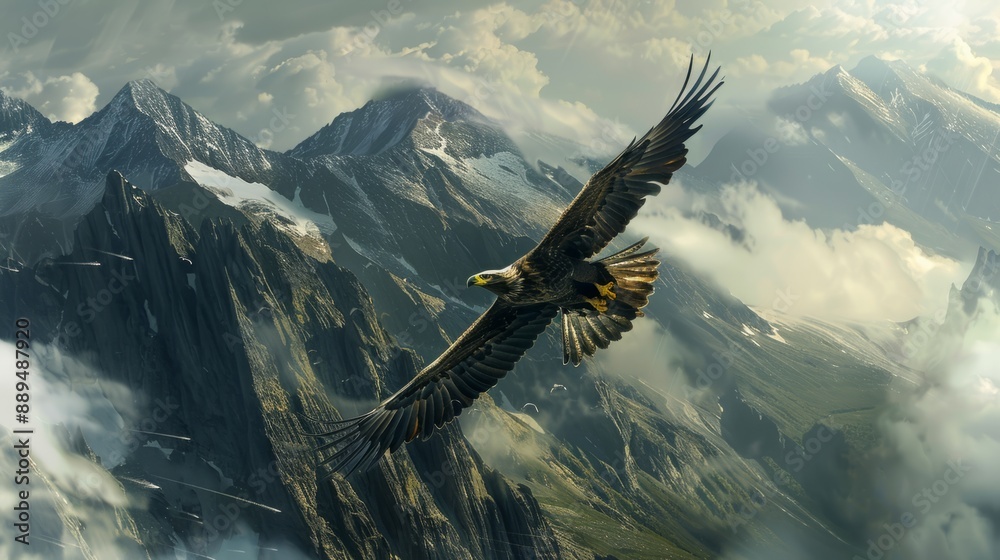 Fototapeta premium Mountain peaks flying with low clouds and eagle majestically generative ai