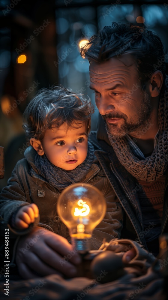 Father and Son Holding a Lit Lightbulb in a Dark Room Father and Son Holding a Lit Lightbulb in a Dark Room