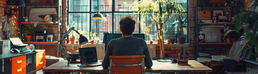 Man working at a computer in a creative office space with plants and natural light during the day, viewed from behind. Man working at a computer in a creative office space with plants and natural light during the day, viewed from behind.