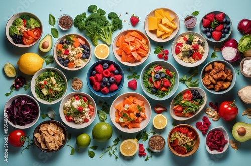 Wallpaper Mural Flat lay variety of colorful and healthy foods arranged on bright blue surface Torontodigital.ca