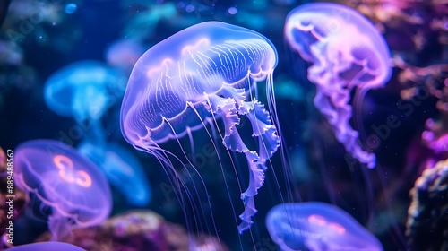 Glowing jellyfish in an aquarium tank, emitting soft blue and purple light that fills the water with an ethereal glow.