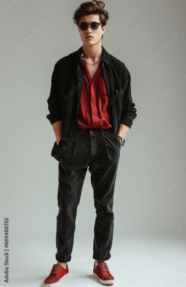 33 A stylish young man in designer clothing standing stylishly, full body, simple solid background, studio lighting, a minimalist composition, 33 A stylish young man in designer clothing standing stylishly, full body, simple solid background, studio lighting, a minimalist composition,