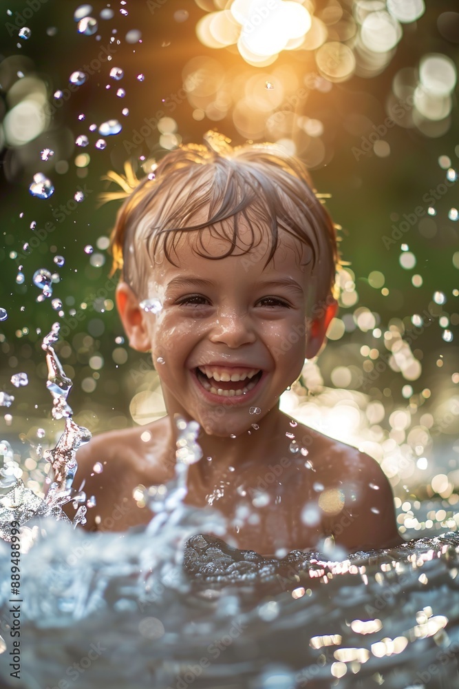 A Smiling cute boy wet and cheerful enjoying water play A Smiling cute boy wet and cheerful enjoying water play