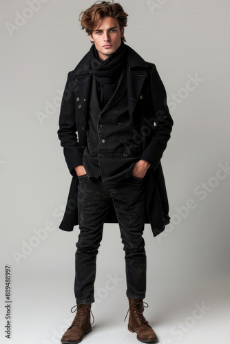 37 A fashionable male model in chic clothing posing with confidence, full body, simple solid background, studio lighting, a minimalist composition,
