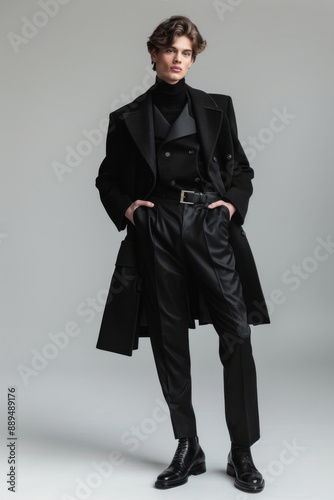 41 A handsome model in high fashion clothing striking an elegant pose, full body, simple solid background, studio lighting, a minimalist composition,