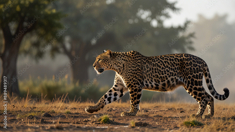 Naklejka premium Graceful Departure Spotted Leopard in Profile, Panthera Walking Away