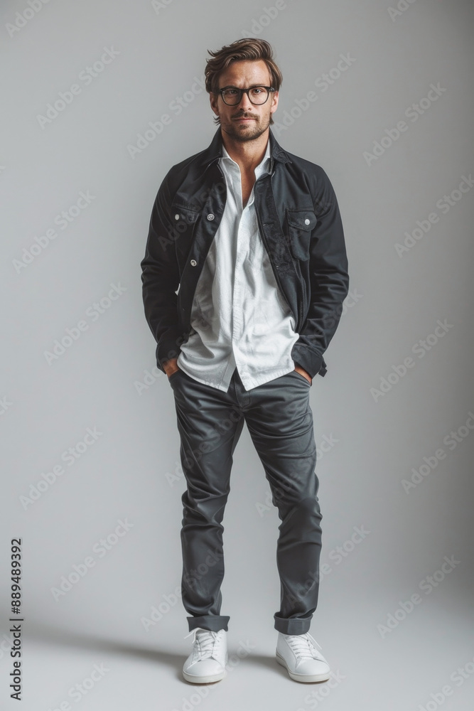 48 A stylish man in trendy fashion standing confidently, full body, simple solid background, studio lighting, a minimalist composition, 48 A stylish man in trendy fashion standing confidently, full body, simple solid background, studio lighting, a minimalist composition,