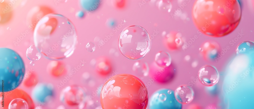 Colorful bubbles and spheres float on a pink background, creating a dreamy and playful atmosphere. Colorful bubbles and spheres float on a pink background, creating a dreamy and playful atmosphere.