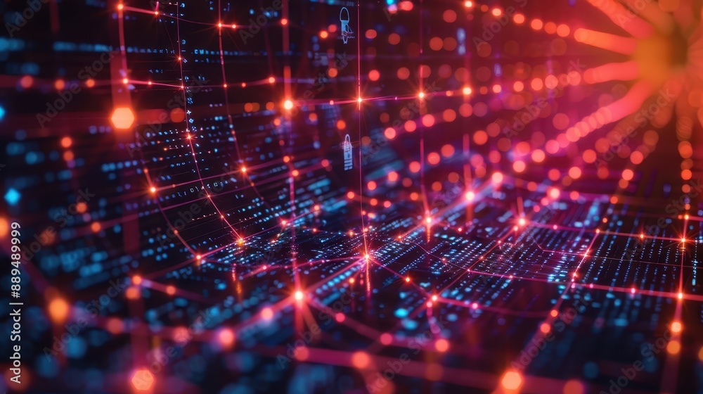 Secure Data Flow Concept with Digital Network Nodes and Padlocks, Copy Space in Center Secure Data Flow Concept with Digital Network Nodes and Padlocks, Copy Space in Center